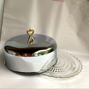 Vintage Midcentury Footed Glass 12” Cake Plate with Metal Cover with Handle wow!